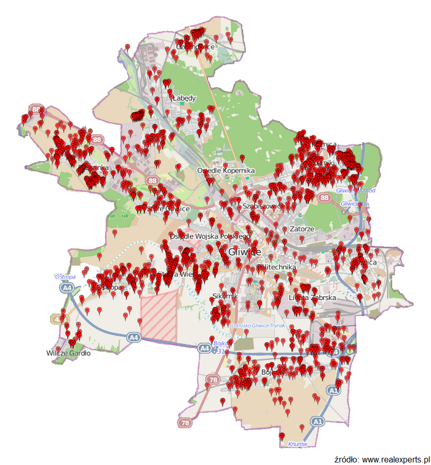 Mapka lokalizacji wszystkich transakcji gruntami w Gliwicach w okresie lat 2007-2013 Mapka lokalizacji wszystkich transakcji gruntami w Gliwicach w okresie lat 2007-2013