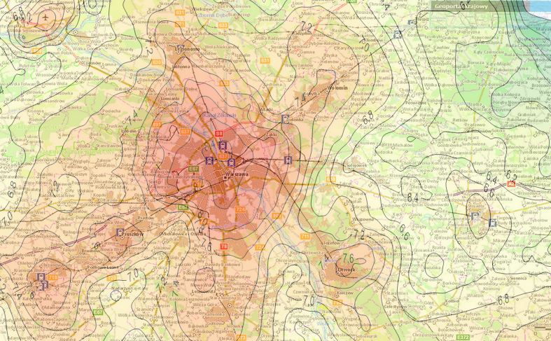 Mapa cenowa nieruchomości komercyjnych z podkładem topograficznym.