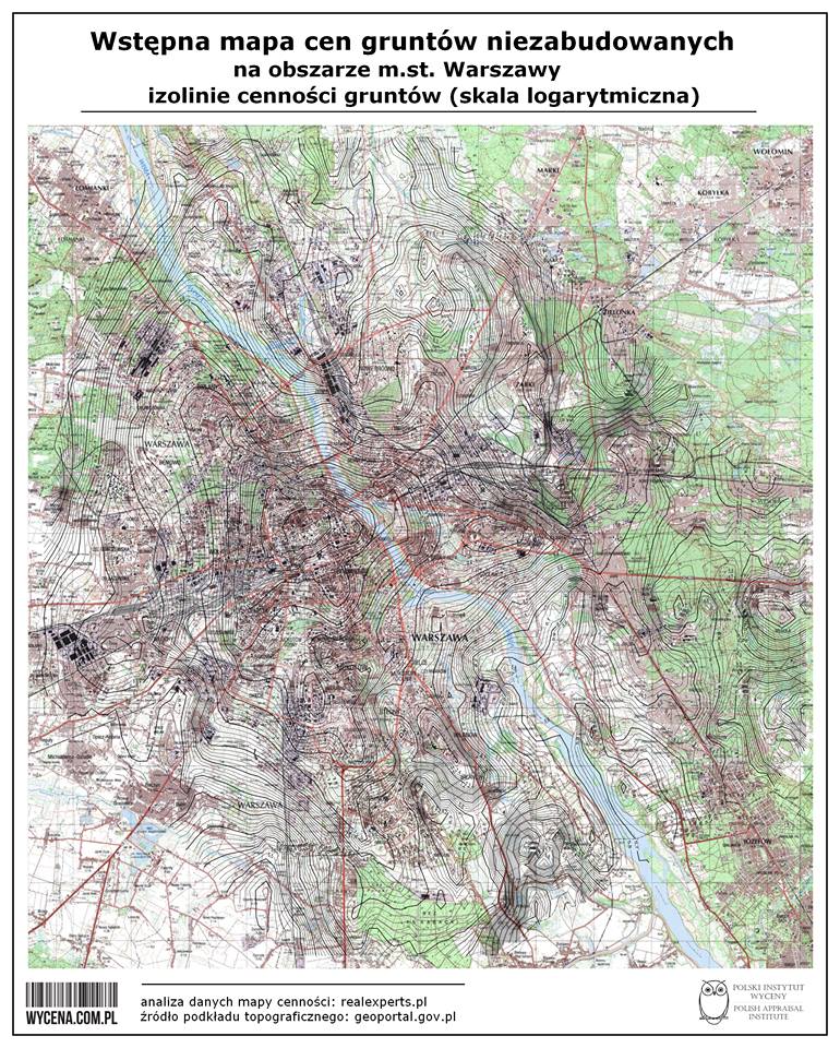 Wstępna mapa cen gruntów niezabudowanych na obszarze m.st. Warszawy - izolinie cenności gruntów (skala logarytmiczna) Wstępna mapa cen gruntów niezabudowanych na obszarze m.st. Warszawy - izolinie cenności gruntów (skala logarytmiczna)