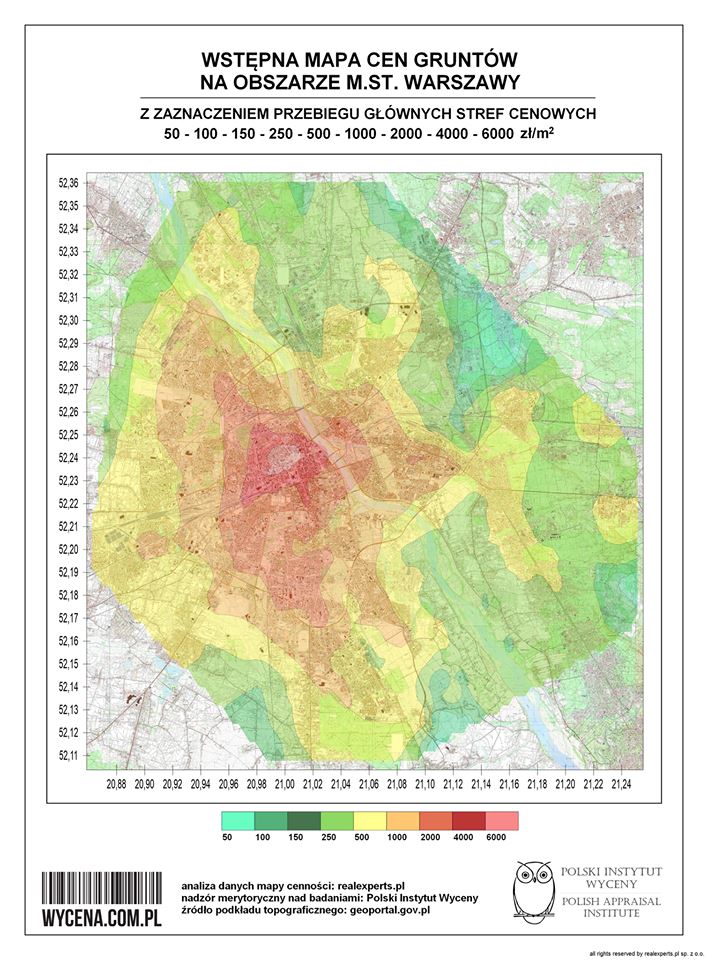 Wstępna mapa cen gruntów na obszarze m.st. Warszawy z zaznaczeniem przebiegu głównych stref cenowych Wstępna mapa cen gruntów na obszarze m.st. Warszawy z zaznaczeniem przebiegu głównych stref cenowych