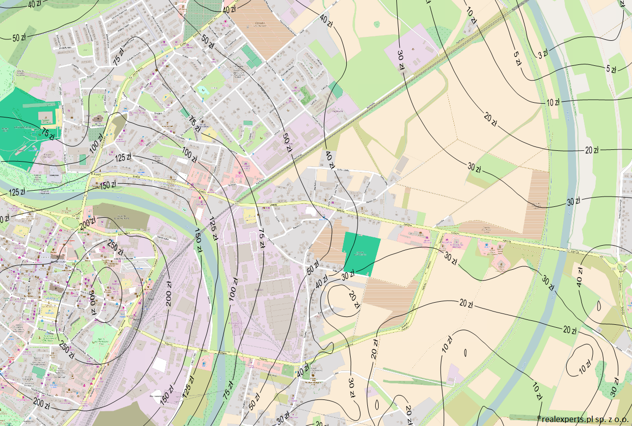 Fragment mapy średnich cen gruntów niezabudowanych na obszarze rynku lokalnego miasta Racibórz opracowany na zamówienie gminy Racibórz.